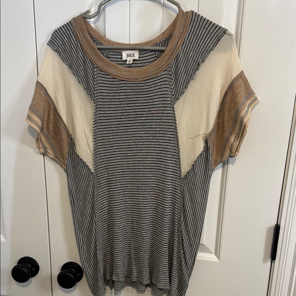 BKE Striped Short Sleeve Top - Black, Cream, Tan